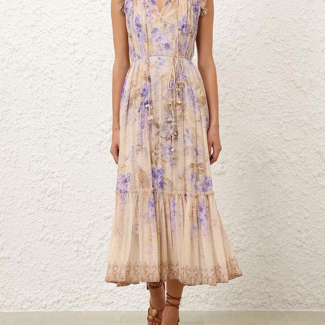 ZIMMER PLEATED V-NECK SLEEVELESS DRESS IN BEIGE MIX PURPLE