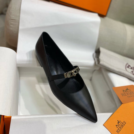 HM 26S KELLY BUCKLE MARY JANE POINTED FLATS IN BLACK CALFSKIN