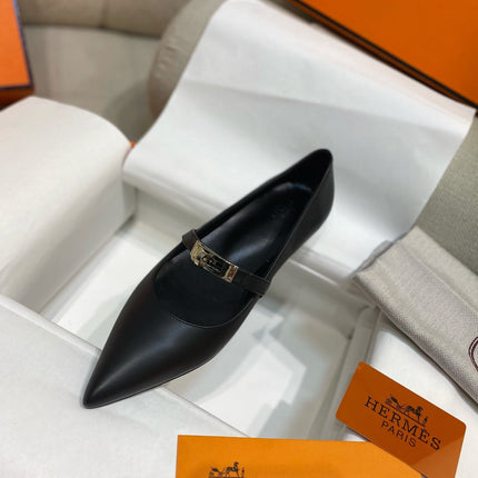 HM 26S KELLY BUCKLE MARY JANE POINTED FLATS IN BLACK CALFSKIN