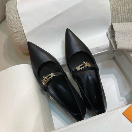 HM 26S KELLY BUCKLE MARY JANE POINTED FLATS IN BLACK CALFSKIN