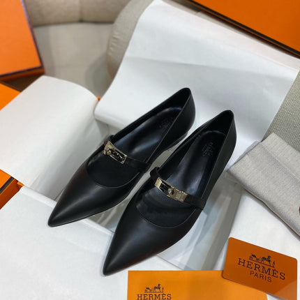 HM 26S KELLY BUCKLE MARY JANE POINTED FLATS IN BLACK CALFSKIN