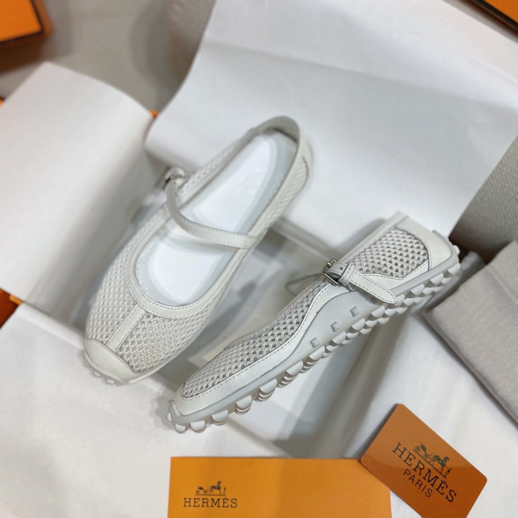 HM 26S KICHU BALLET FLAT IN WHITE CROCHET KNIT AND CALFSKIN