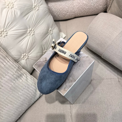 DIOR 26S FLAT MULES IN BLUE SUEDE WITH J'ADIOR BOW