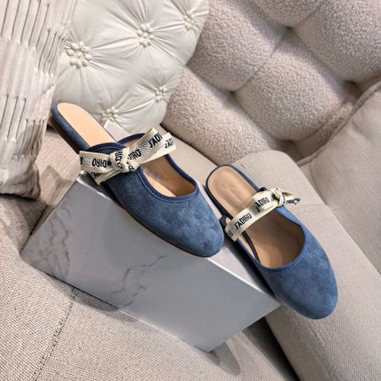 DIOR 26S FLAT MULES IN BLUE SUEDE WITH J'ADIOR BOW