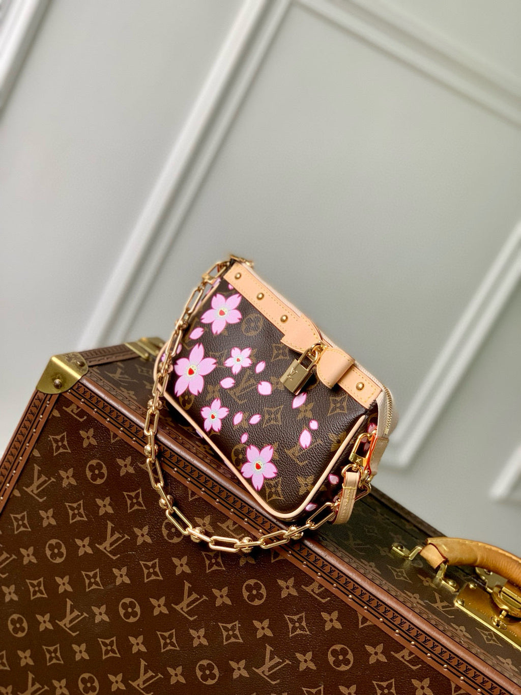POCHETTE ACCESSOIRES 22 IN BROWN MONOGRAM CANVAS CHERRY BLOSSOM