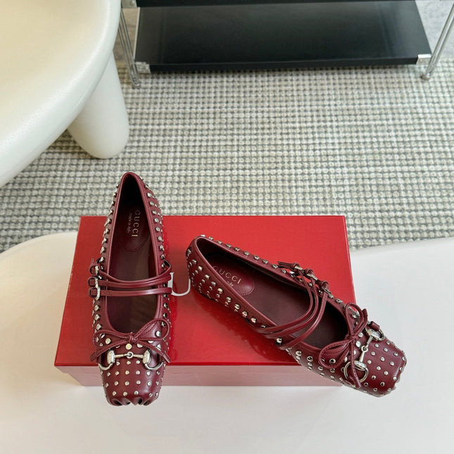 GG RIVETS BALLET FLAT GARNET HORIZONTAL STRAPS LAMBSKIN