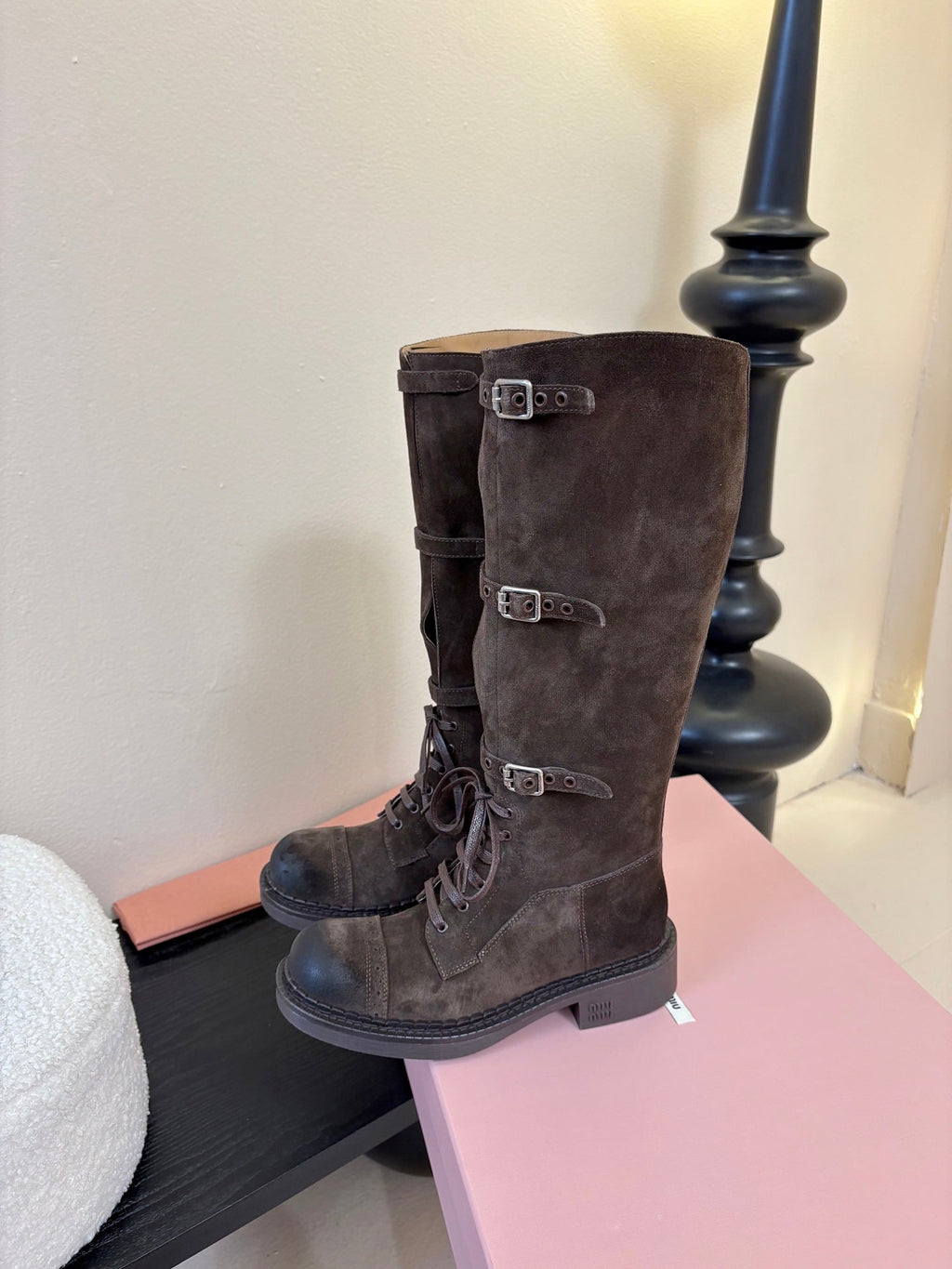 MIUMIU 25S ARMY BOOTS IN DARK BROWN SUEDE