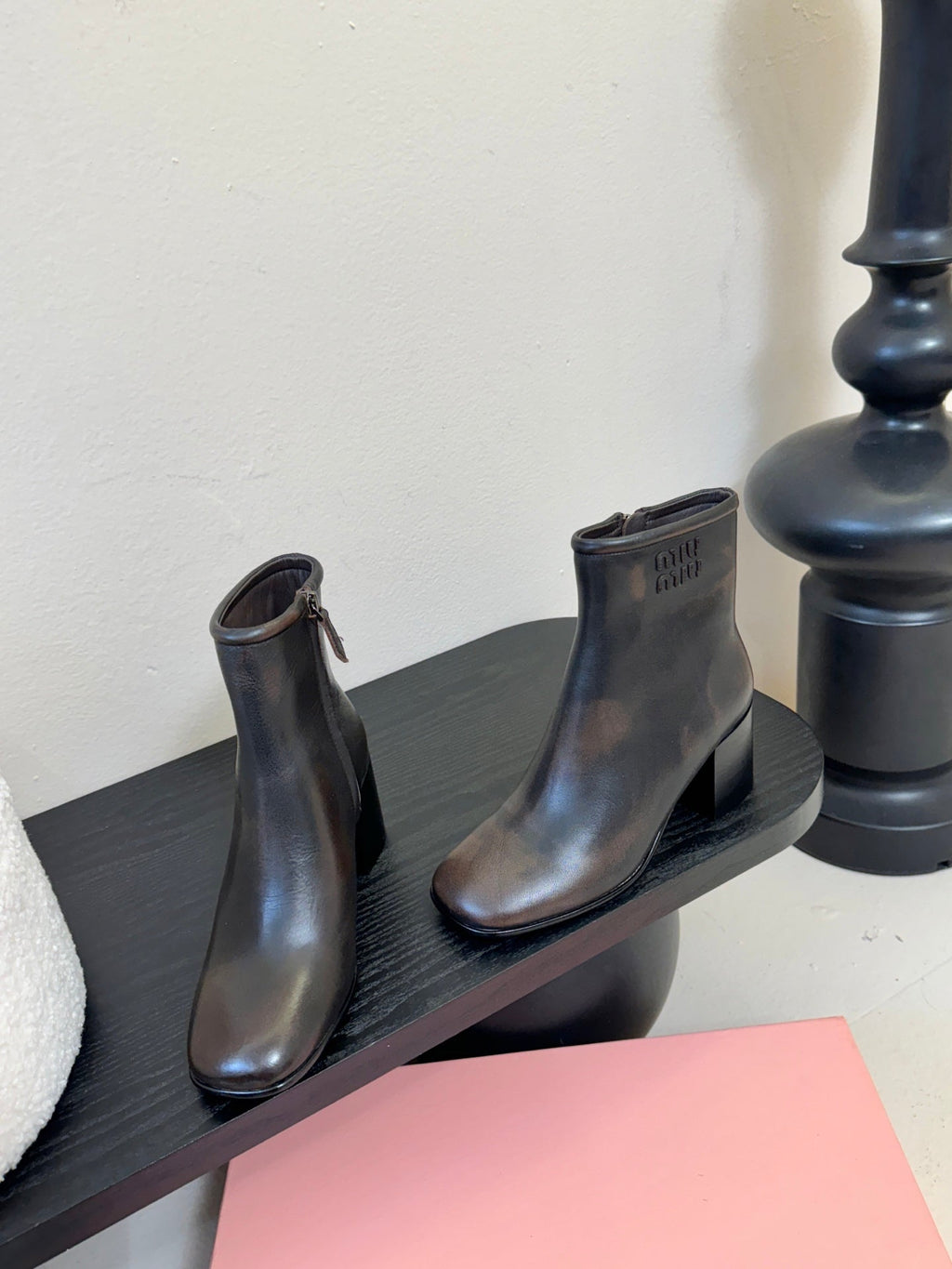 MIUMIU 25S ANKLE BOOTS 65MM IN BLACK BROWN CALFSKIN