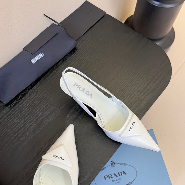 PRADA 26S POINTED TOE SLINGBACK HEELS 60MM IN WHITE CALFSKIN WITH LOGO