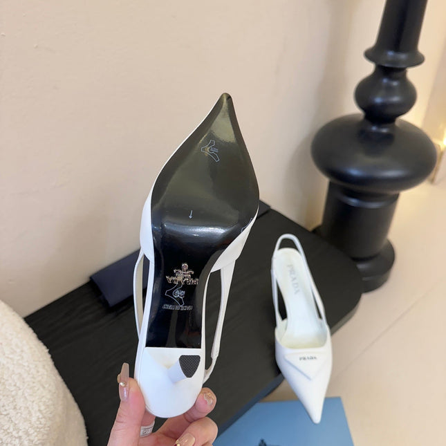PRADA 26S POINTED TOE SLINGBACK HEELS 60MM IN WHITE CALFSKIN WITH LOGO