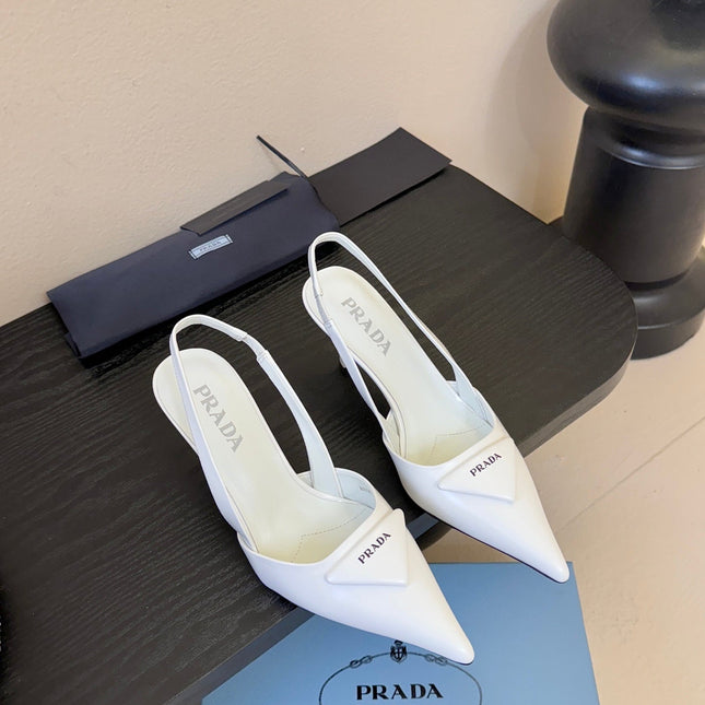 PRADA 26S POINTED TOE SLINGBACK HEELS 60MM IN WHITE CALFSKIN WITH LOGO
