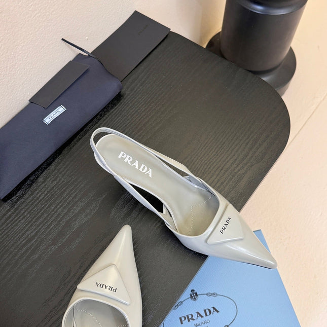 PRADA 26S POINTED TOE SLINGBACK HEELS 60MM IN LIGHT GRAY CALFSKIN WITH LOGO
