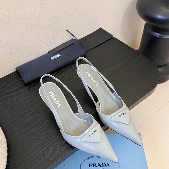 PRADA 26S POINTED TOE SLINGBACK HEELS 60MM IN LIGHT GRAY CALFSKIN WITH LOGO