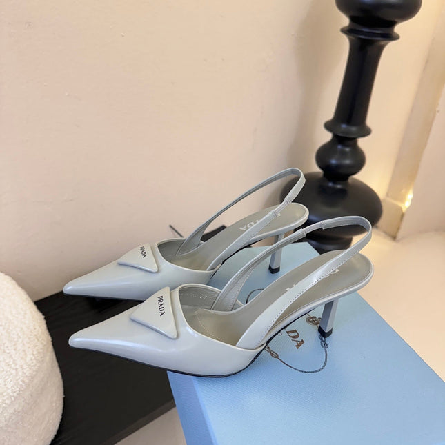 PRADA 26S POINTED TOE SLINGBACK HEELS 60MM IN LIGHT GRAY CALFSKIN WITH LOGO