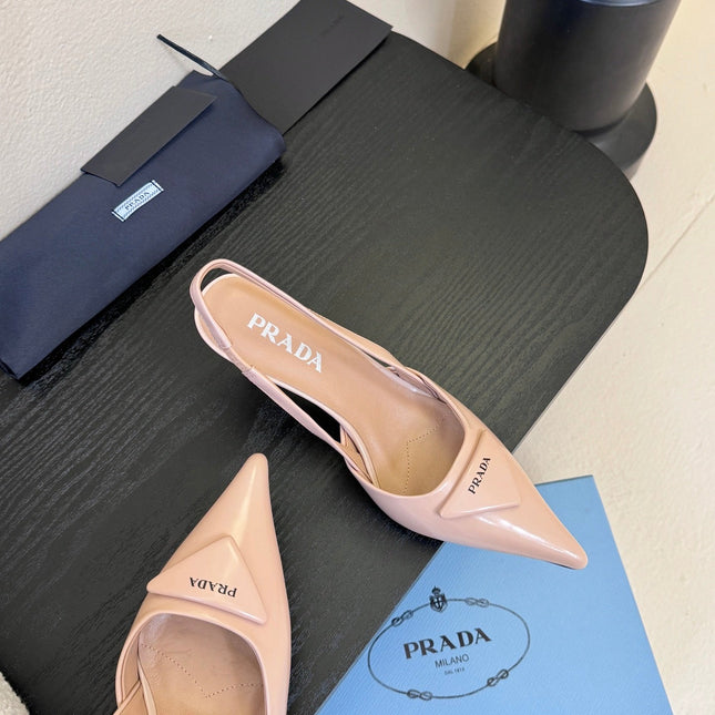 PRADA 26S POINTED TOE SLINGBACK HEELS 60MM IN LIGHT PINK CALFSKIN WITH LOGO
