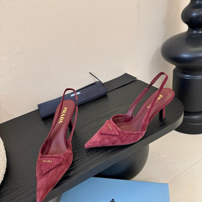 PRADA 26S POINTED TOE SLINGBACK HEELS 60MM IN DARK RED SUDE WITH LOGO