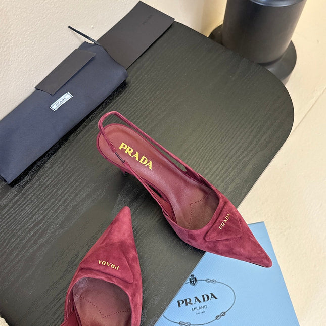 PRADA 26S POINTED TOE SLINGBACK HEELS 60MM IN DARK RED SUDE WITH LOGO