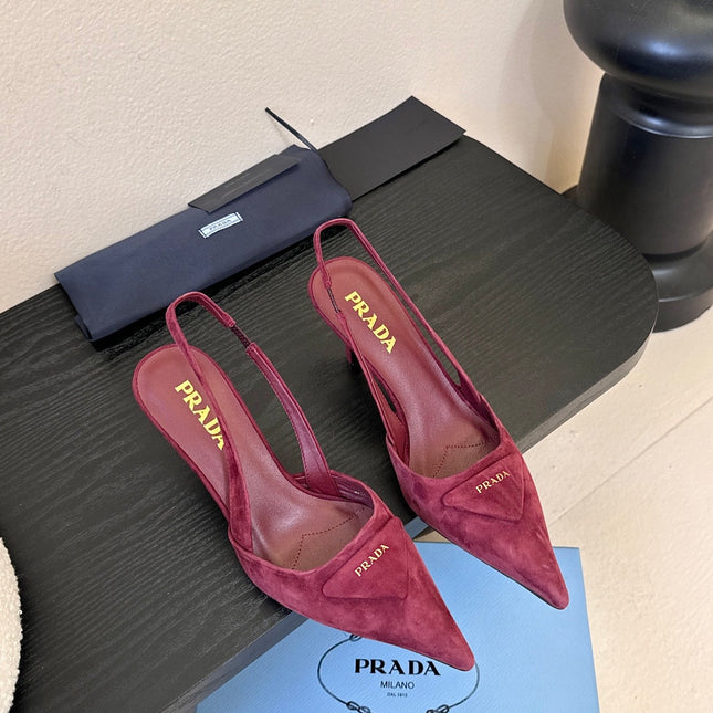 PRADA 26S POINTED TOE SLINGBACK HEELS 60MM IN DARK RED SUDE WITH LOGO