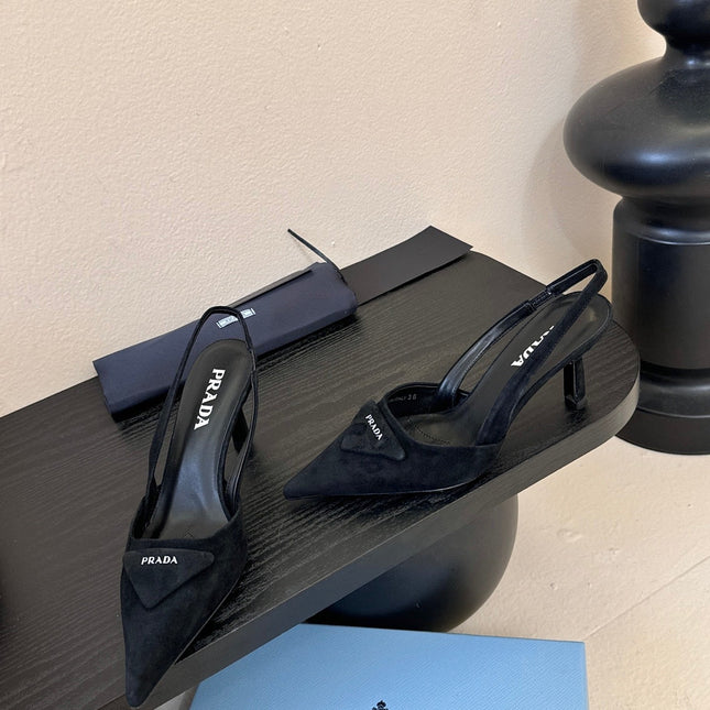 PRADA 26S POINTED TOE SLINGBACK HEELS 60MM IN BLACK SUDE WITH LOGO
