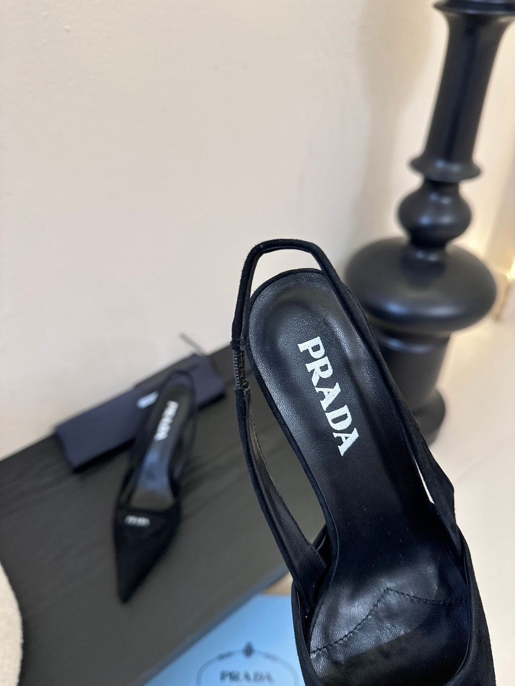 PRADA 26S POINTED TOE SLINGBACK HEELS 60MM IN BLACK SUDE WITH LOGO