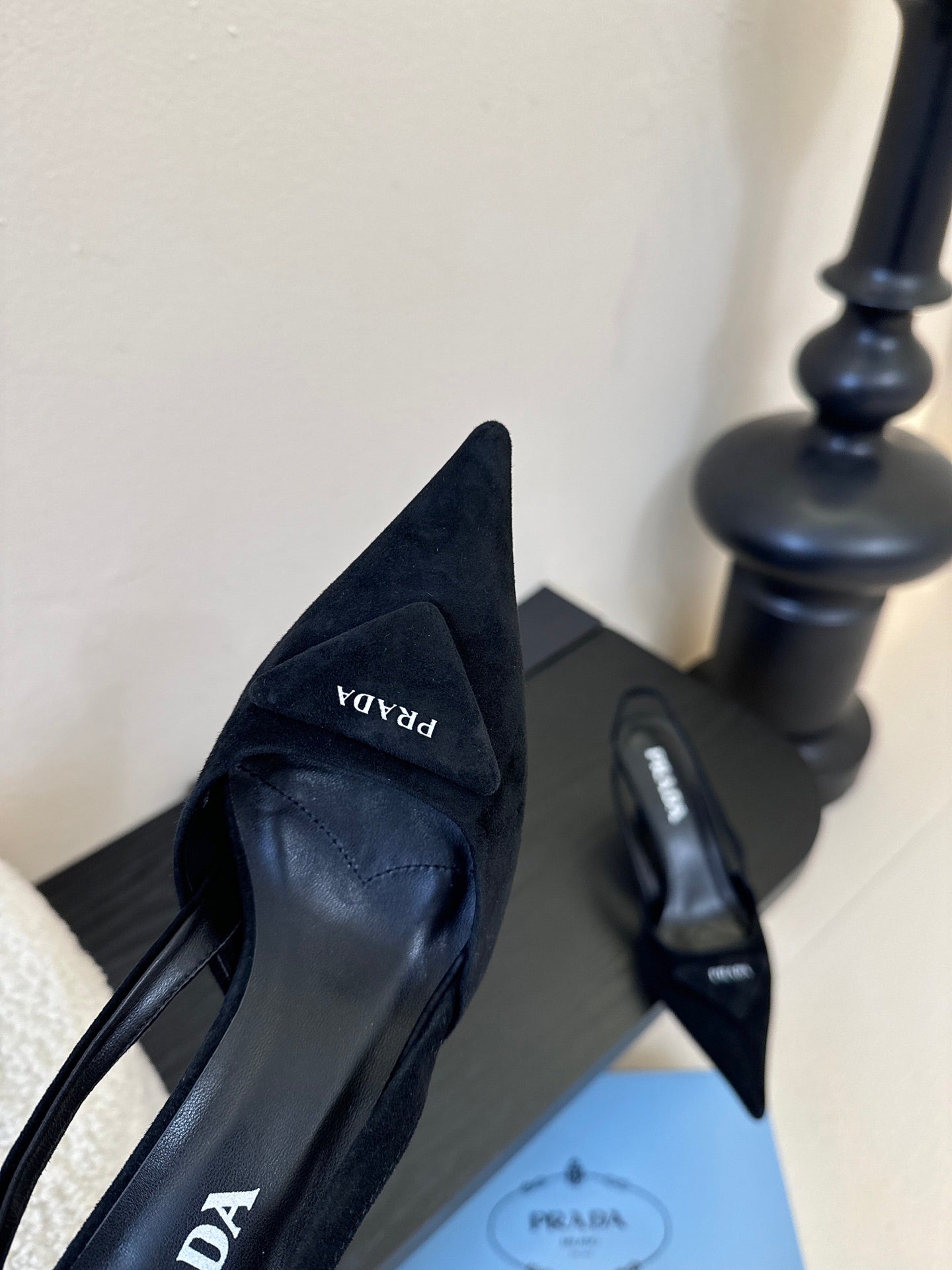 PRADA 26S POINTED TOE SLINGBACK HEELS 60MM IN BLACK SUDE WITH LOGO