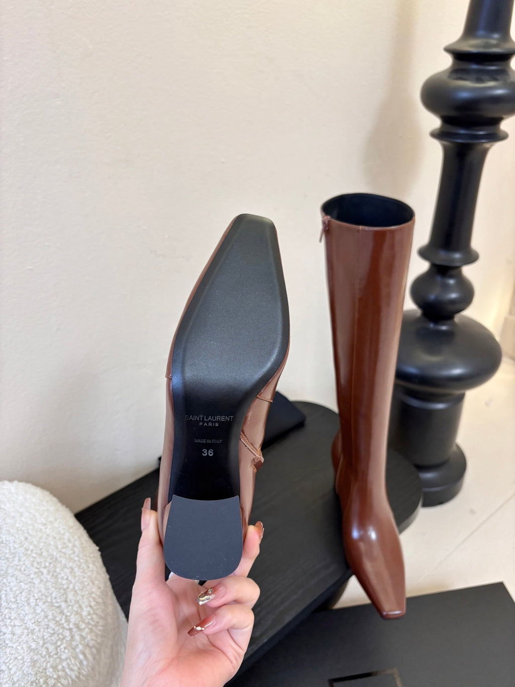 YSL 26S KNEE-HIGH HEELED BOOTS IN BROWN SHINY CALFSKIN