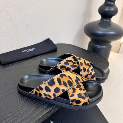 YSL 26S CROSS-STRAP SANDALS IN LEOPARD PRINT CALFSKIN HAIR STYLE 1