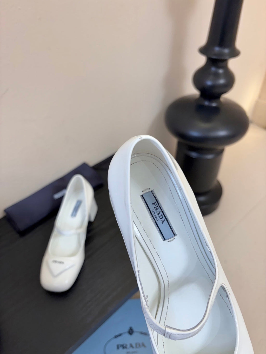 PRADA 26S BLOCK-HEEL MARY JANE IN WHITE PATENT CALFSKIN