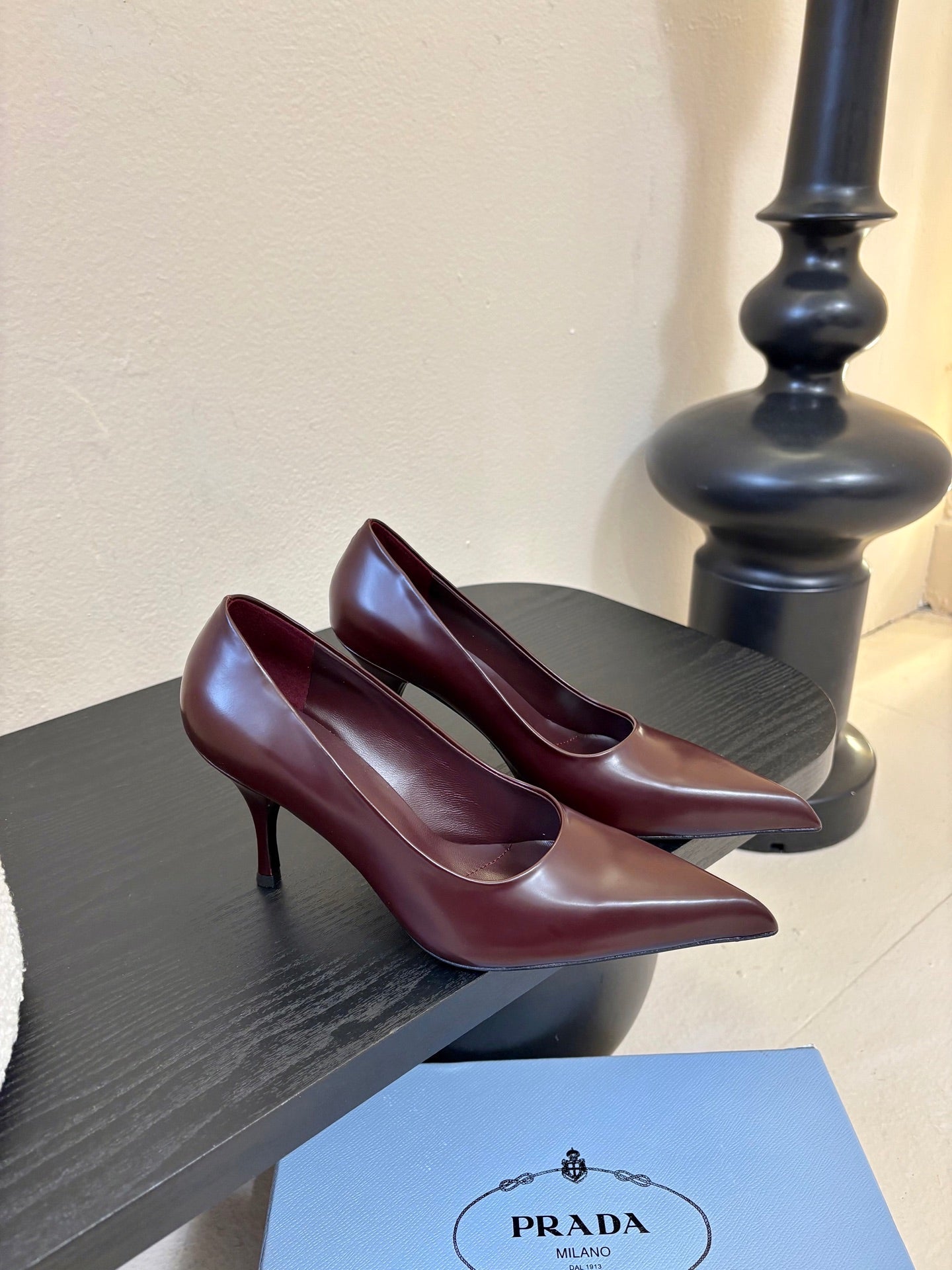 PRADA 26S POINTED-TOE HIGH HEELS IN BURGUNDY RED LAMBSKIN
