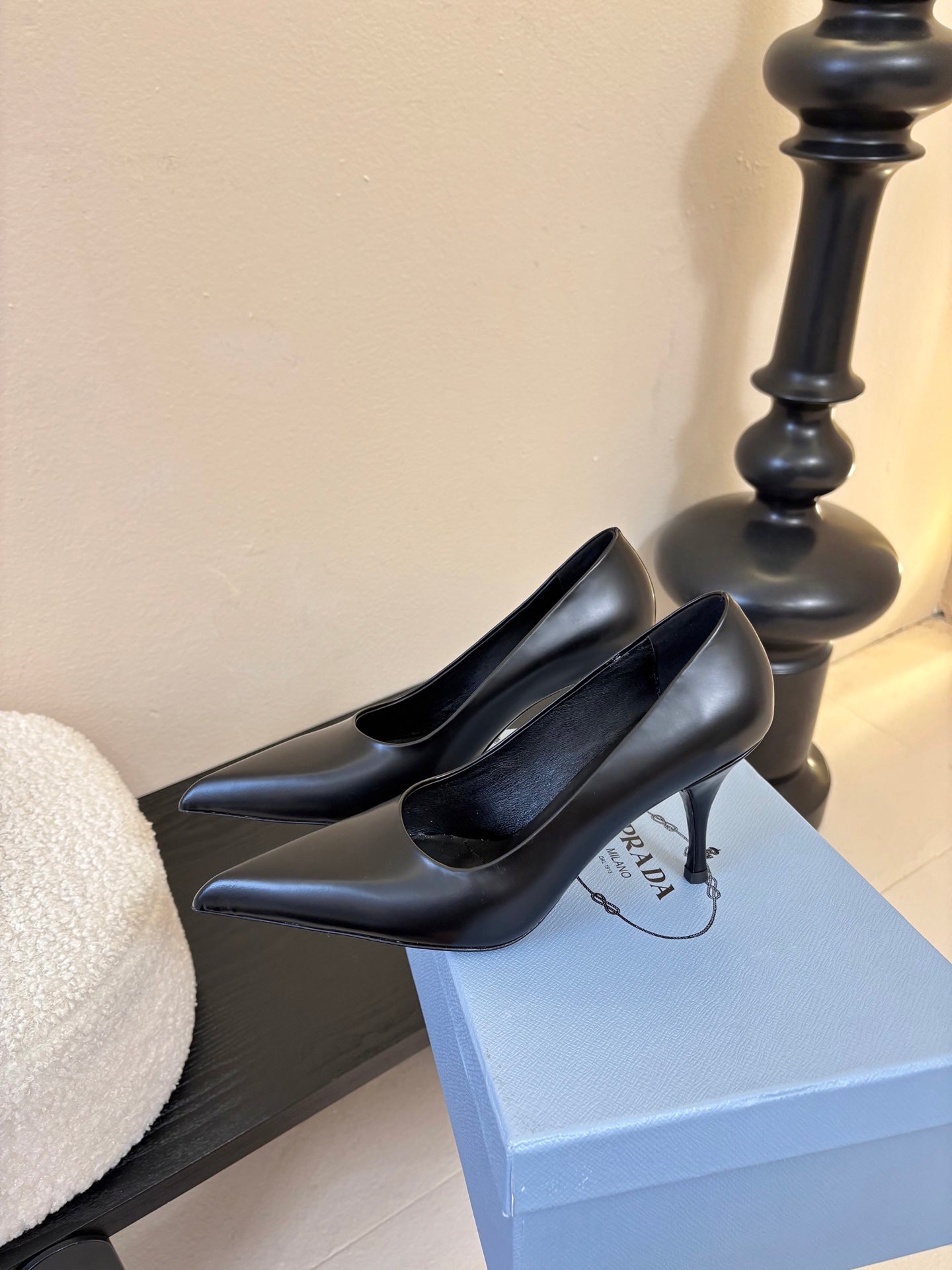 PRADA 26S POINTED-TOE HIGH HEELS IN BLACK LAMBSKIN