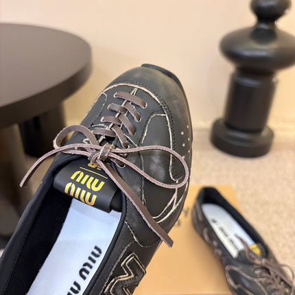 MIUMIU 26S LACE-UP BALLET IN BLACK CALFSKIN