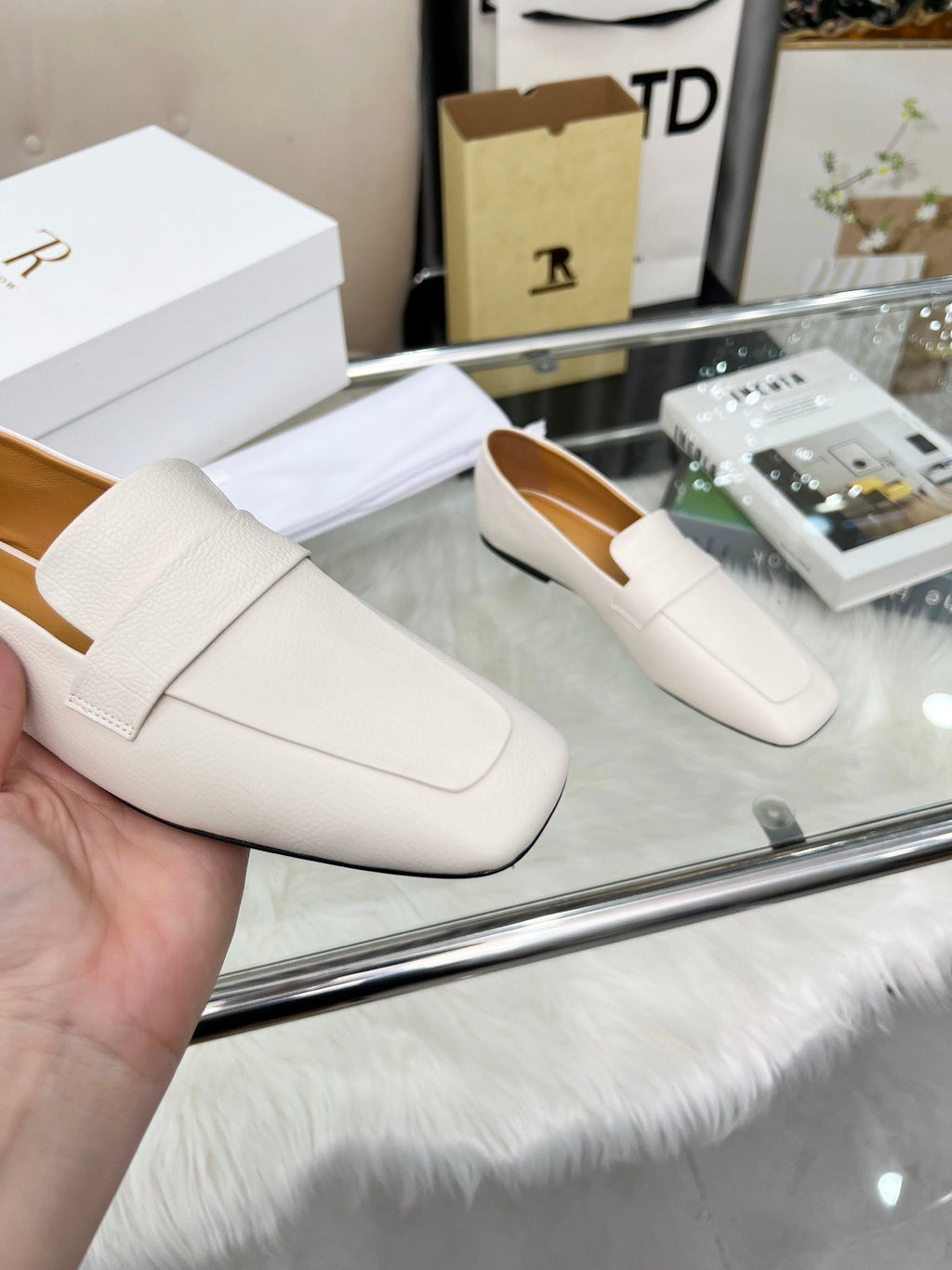 THE ROW 26S PENNY LOAFER FLATS IN IVORY WHITE GRAINED CALFSKIN