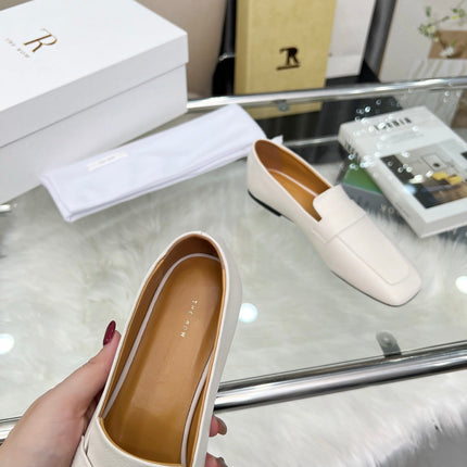 THE ROW 26S PENNY LOAFER FLATS IN IVORY WHITE GRAINED CALFSKIN
