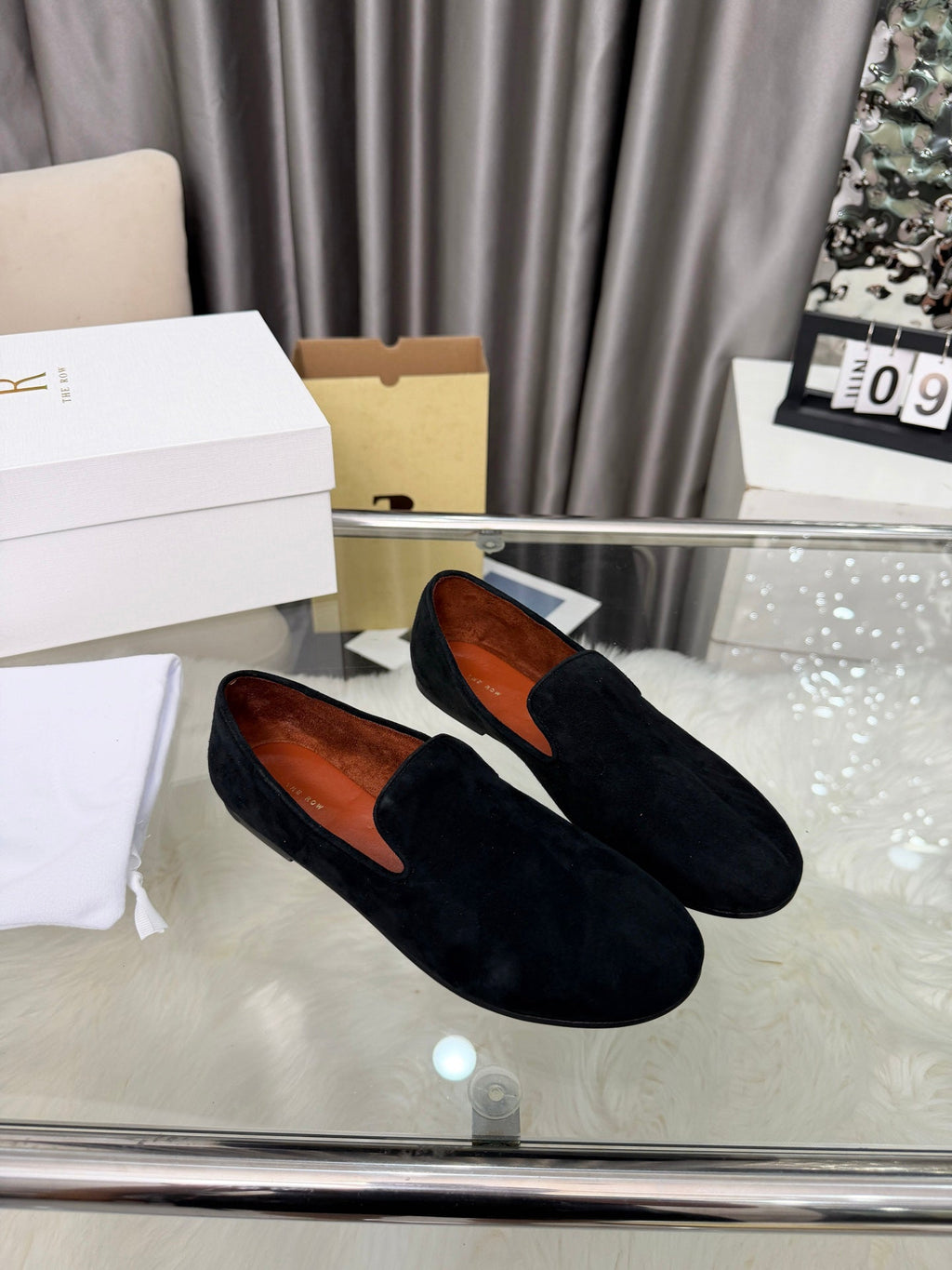 THE ROW 26S CLASSIC LOAFER FLATS IN BLACK SUEDE