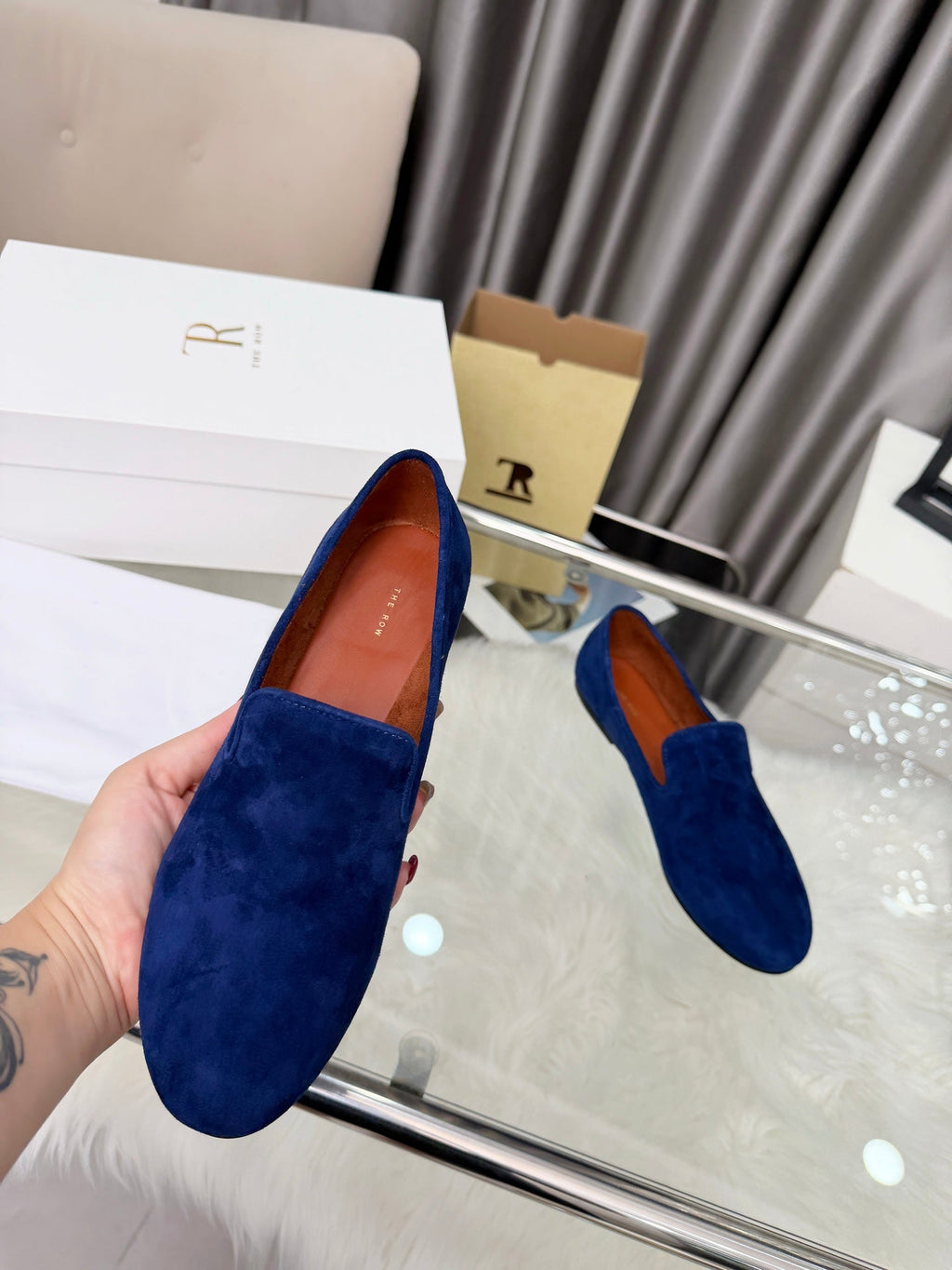 THE ROW 26S CLASSIC LOAFER FLATS IN DARK BLUE SUEDE