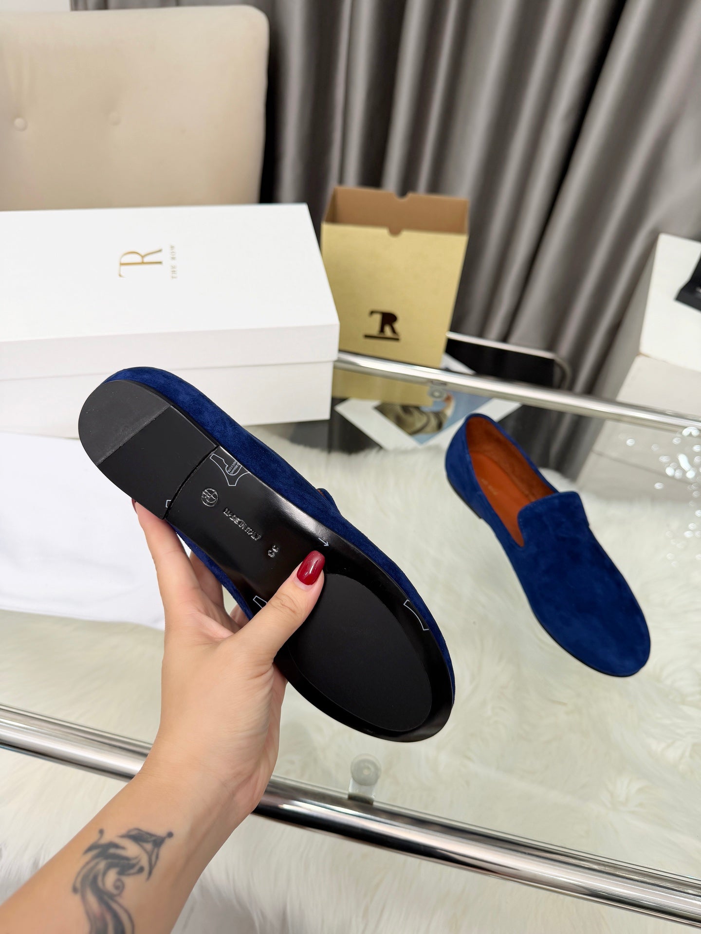 THE ROW 26S CLASSIC LOAFER FLATS IN DARK BLUE SUEDE