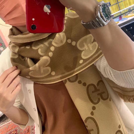 DOUBLE-SIDED SCARF 200 CM IN COFFEE AND TAN BROWN WOOL AND SILK  398287