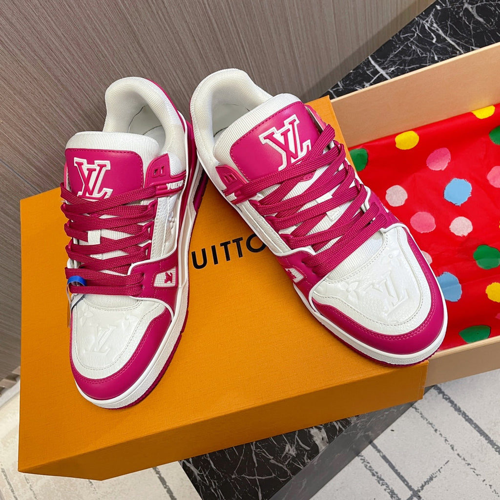 LV 26S LOW TOP SNEAKERS IN WHITE AND HOT PINK CALFSKIN WITH MONOGRAM SOLE DETAIL