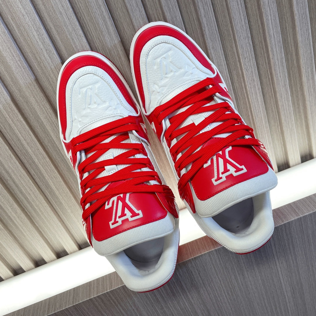 LV 26S LOW TOP SNEAKERS IN WHITE AND DARK RED CALFSKIN WITH MONOGRAM SOLE DETAIL