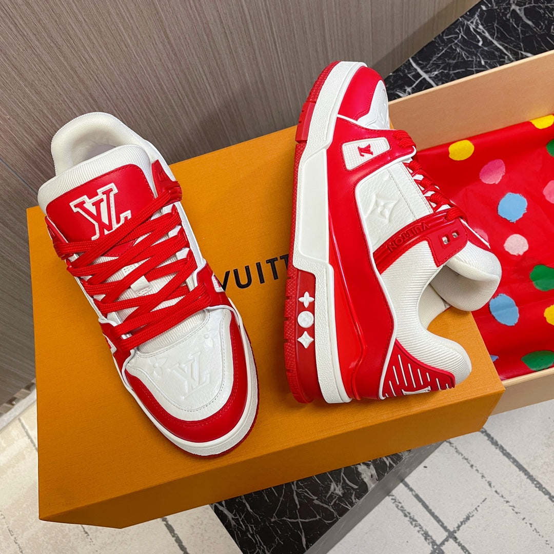 LV 26S LOW TOP SNEAKERS IN WHITE AND DARK RED CALFSKIN WITH MONOGRAM SOLE DETAIL