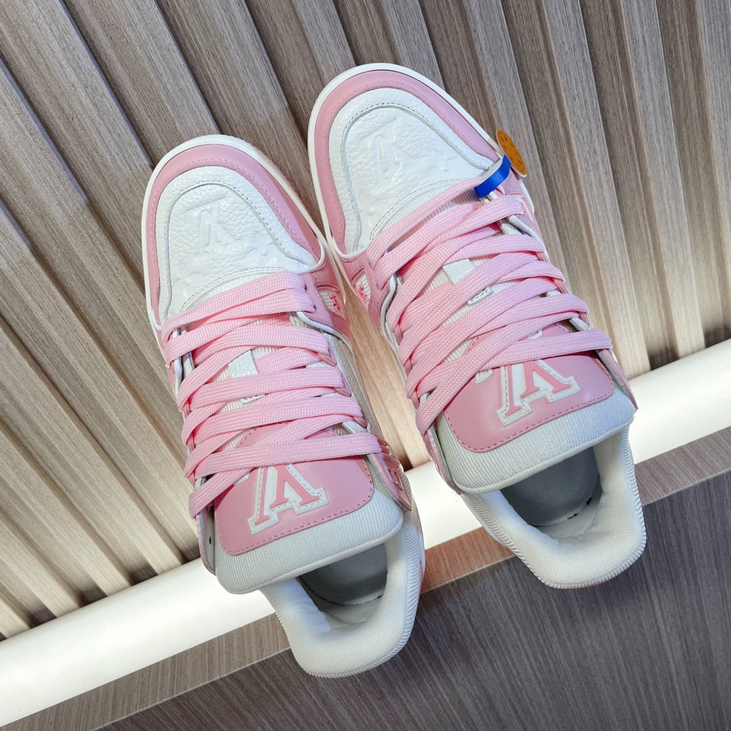 LV 26S LOW TOP SNEAKERS IN WHITE AND LIGHT PINK CALFSKIN WITH MONOGRAM SOLE DETAIL