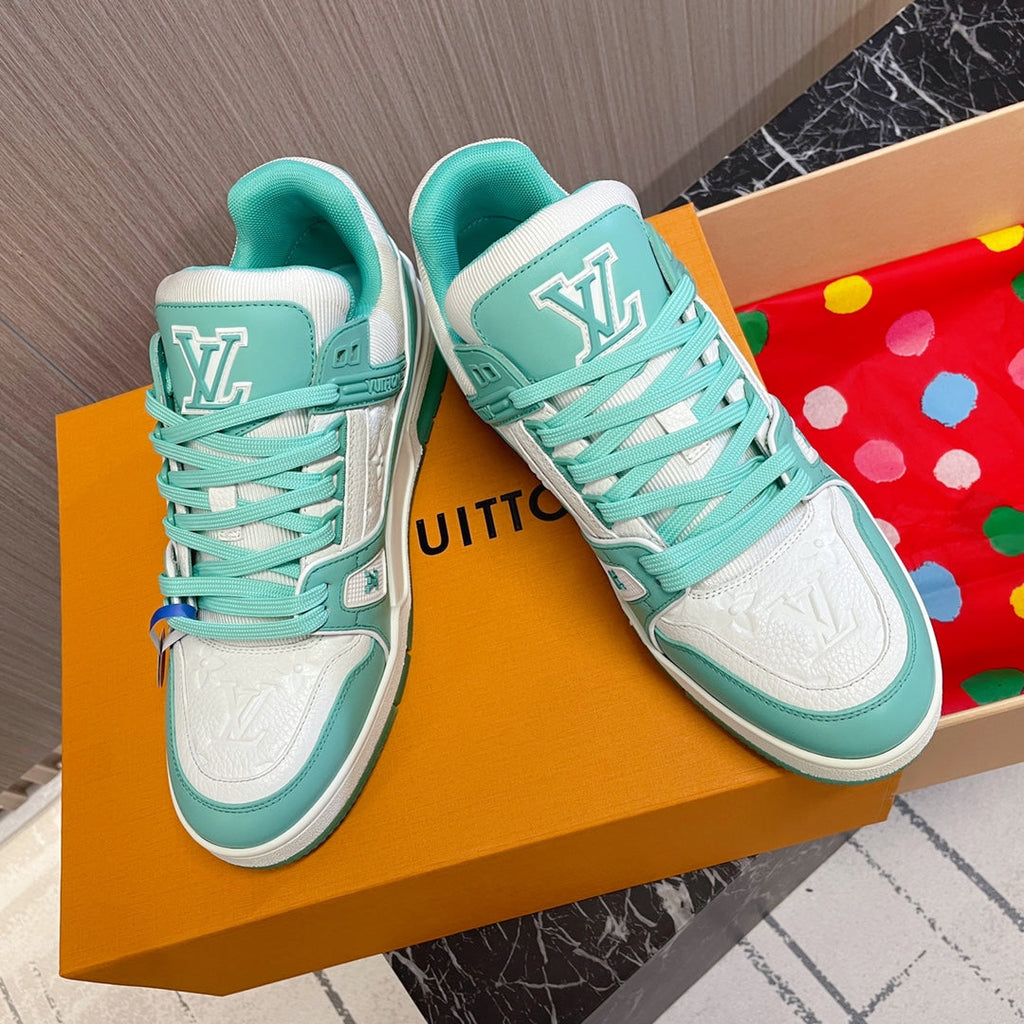 LV 26S LOW TOP SNEAKERS IN WHITE AND MINT GREEN CALFSKIN WITH MONOGRAM SOLE DETAIL
