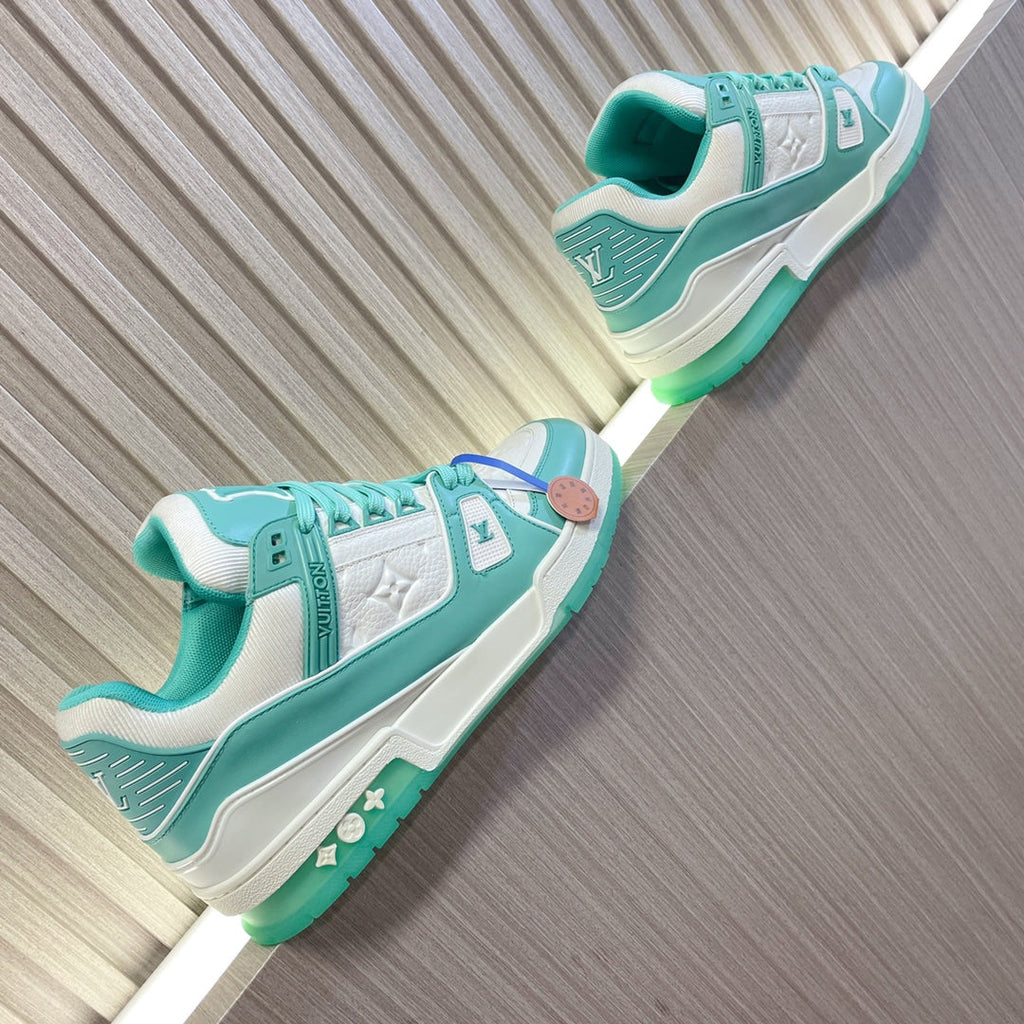 LV 26S LOW TOP SNEAKERS IN WHITE AND MINT GREEN CALFSKIN WITH MONOGRAM SOLE DETAIL