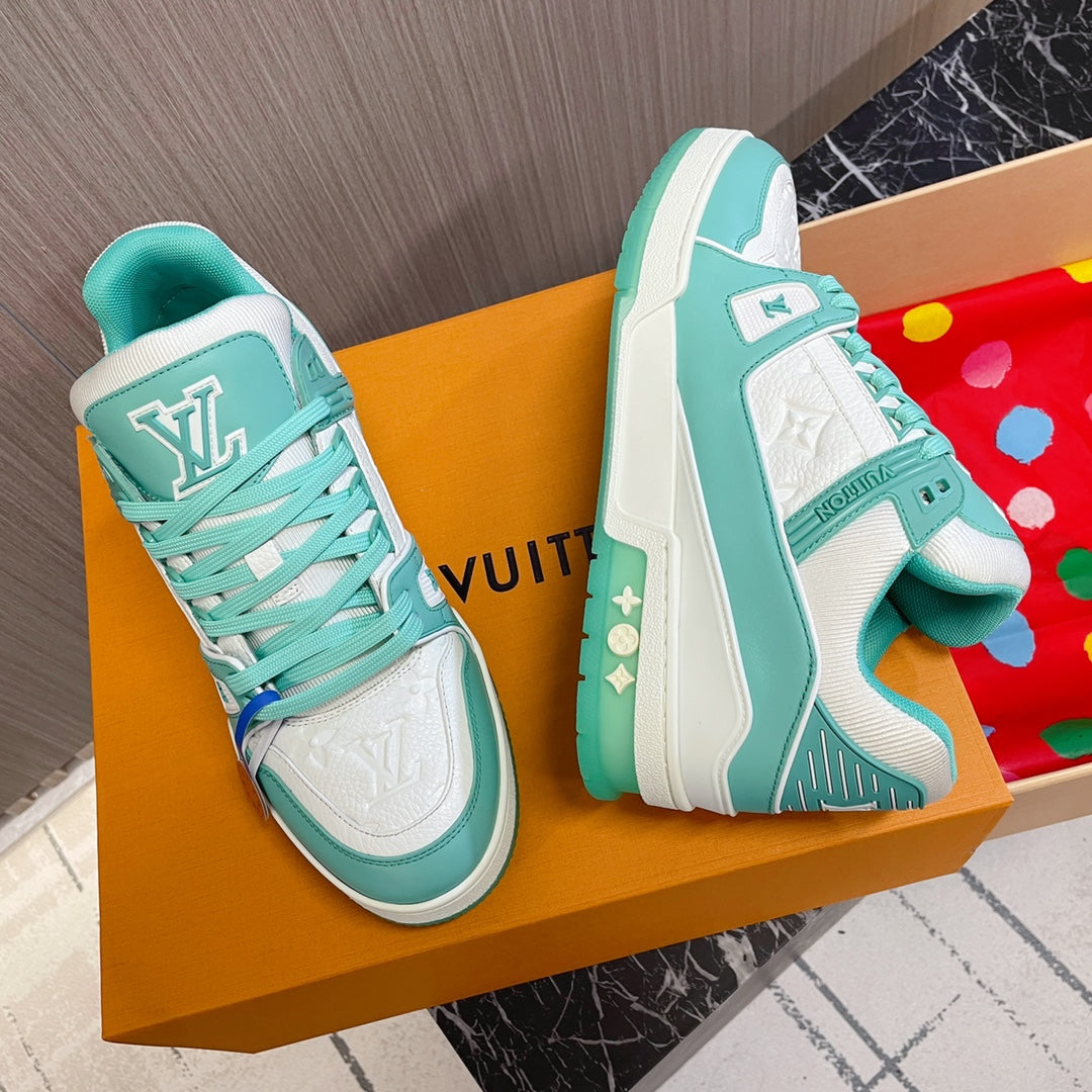 LV 26S LOW TOP SNEAKERS IN WHITE AND MINT GREEN CALFSKIN WITH MONOGRAM SOLE DETAIL