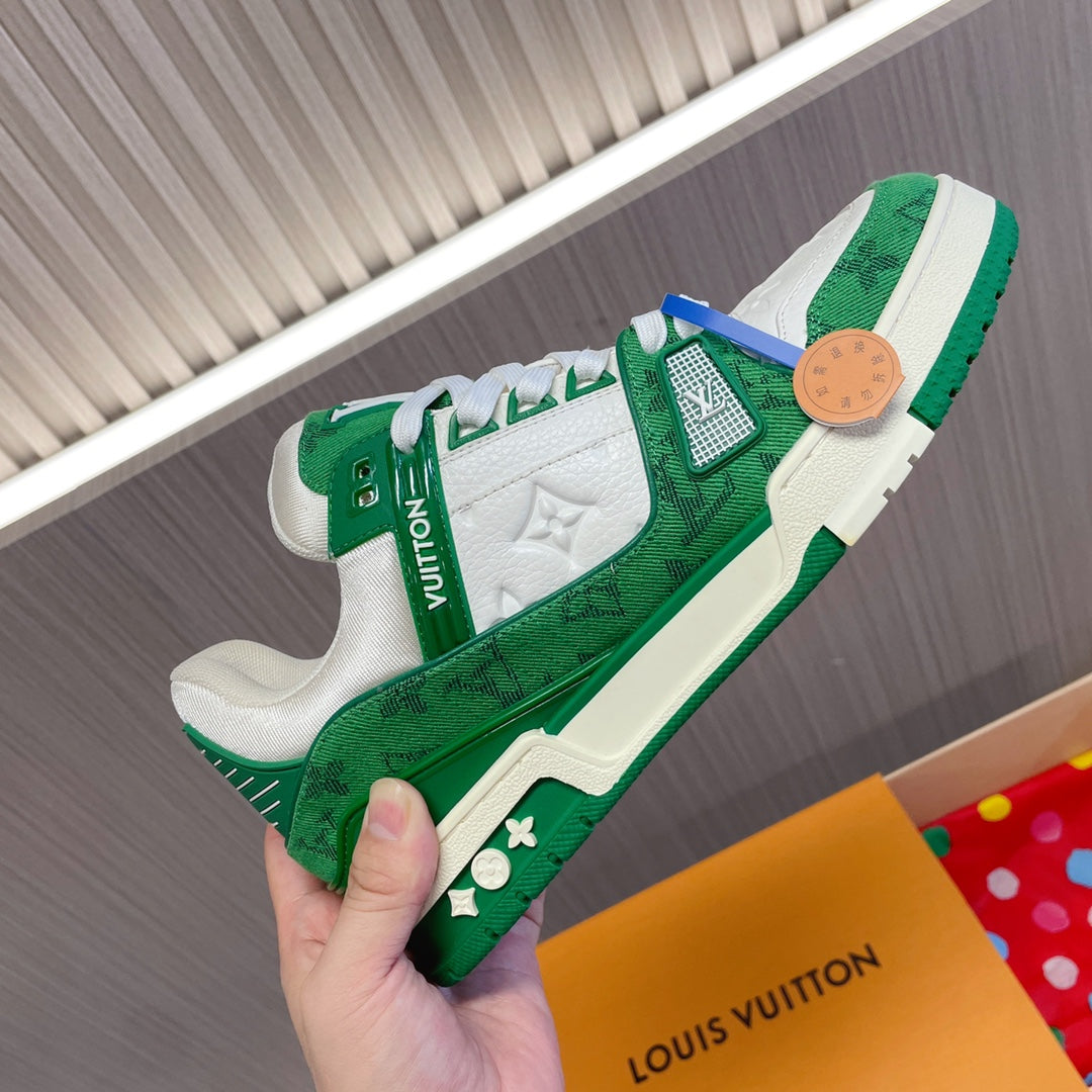 LV 26S LOW TOP SNEAKERS IN GREEN MONOGRAM DENIM AND WHITE CALFSKIN