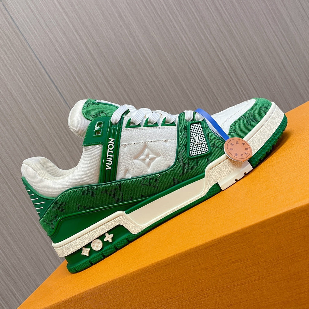 LV 26S LOW TOP SNEAKERS IN GREEN MONOGRAM DENIM AND WHITE CALFSKIN