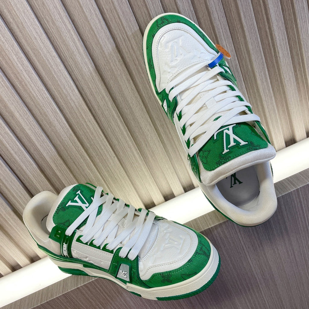 LV 26S LOW TOP SNEAKERS IN GREEN MONOGRAM DENIM AND WHITE CALFSKIN