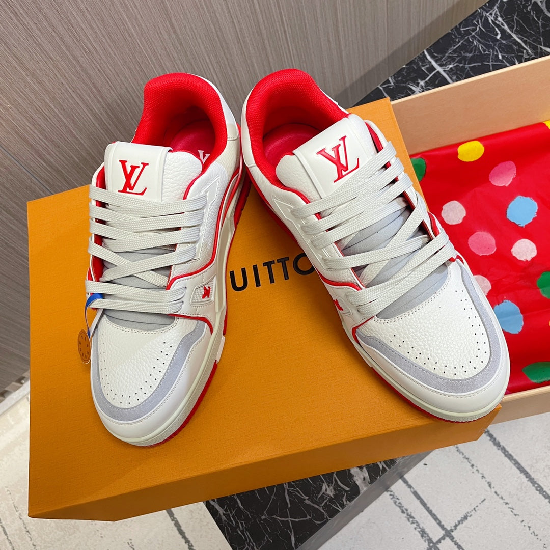 LV 26S LOW TOP SNEAKERS IN WHITE RED CALFSKIN WITH MONOGRAM SOLE DETAIL