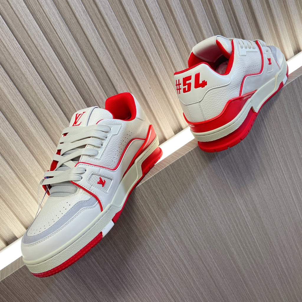 LV 26S LOW TOP SNEAKERS IN WHITE RED CALFSKIN WITH MONOGRAM SOLE DETAIL