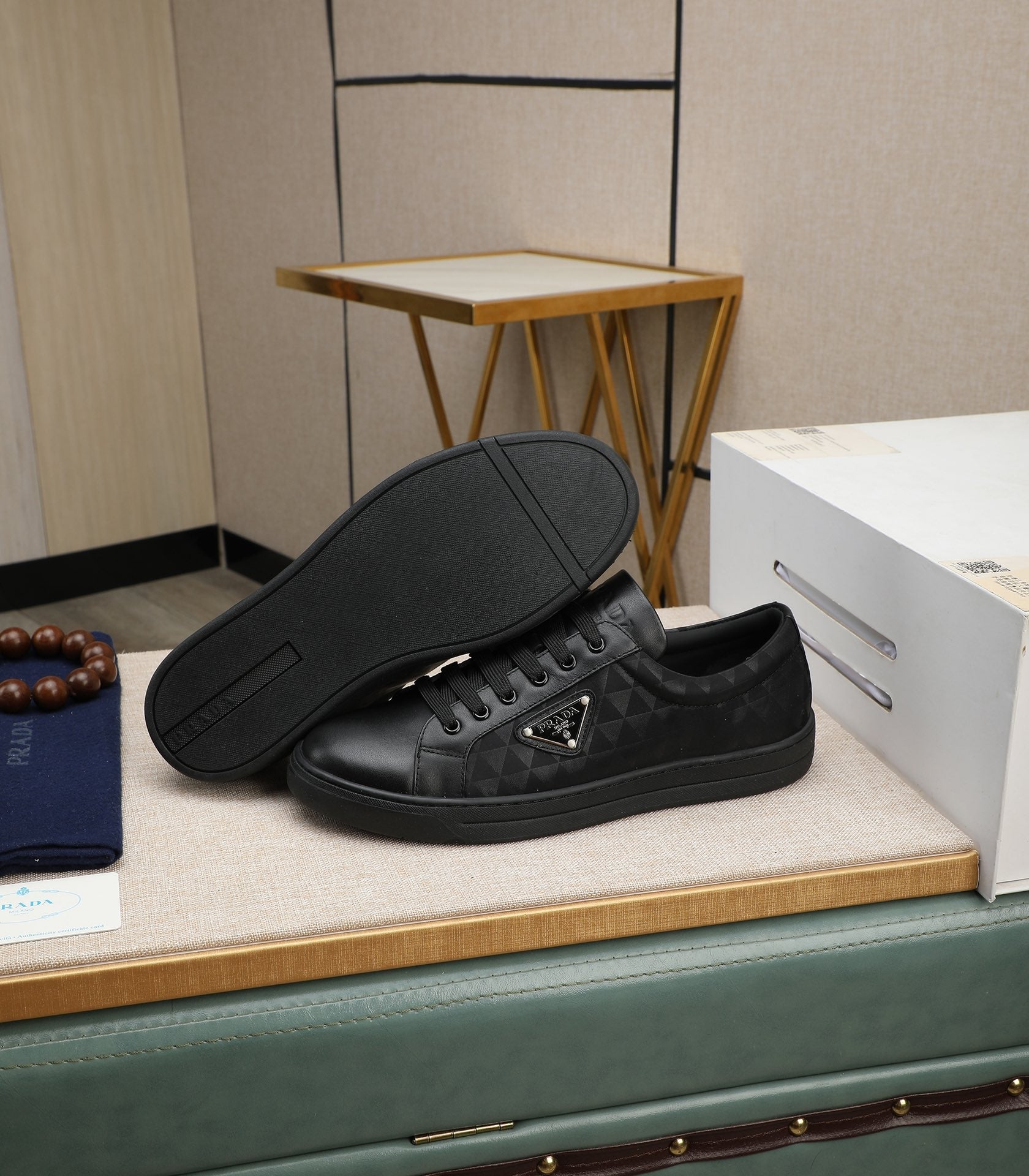 PRA RE-NYLON SNEAKERS IN BLACK LEATHER AND FABRIC